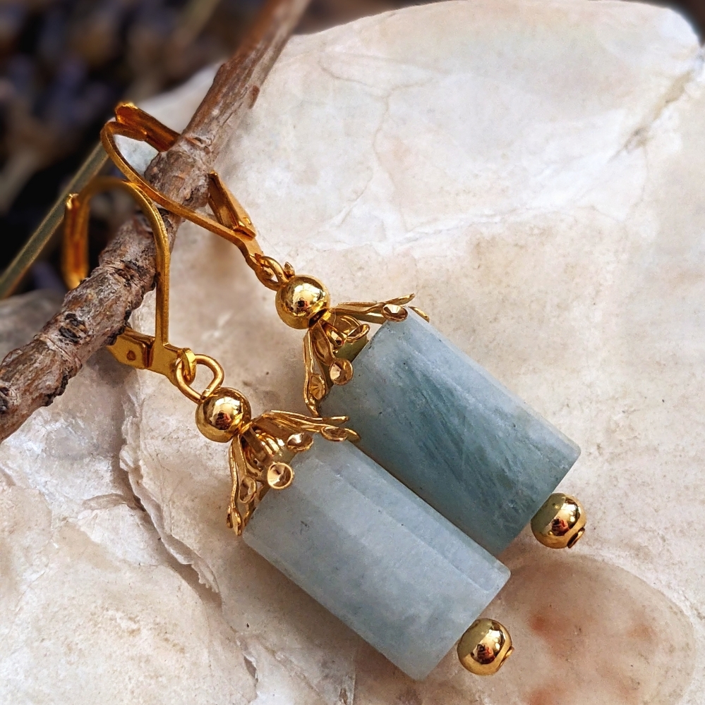 Natural Aquamarine Large In Drop Gold Plated Earrings